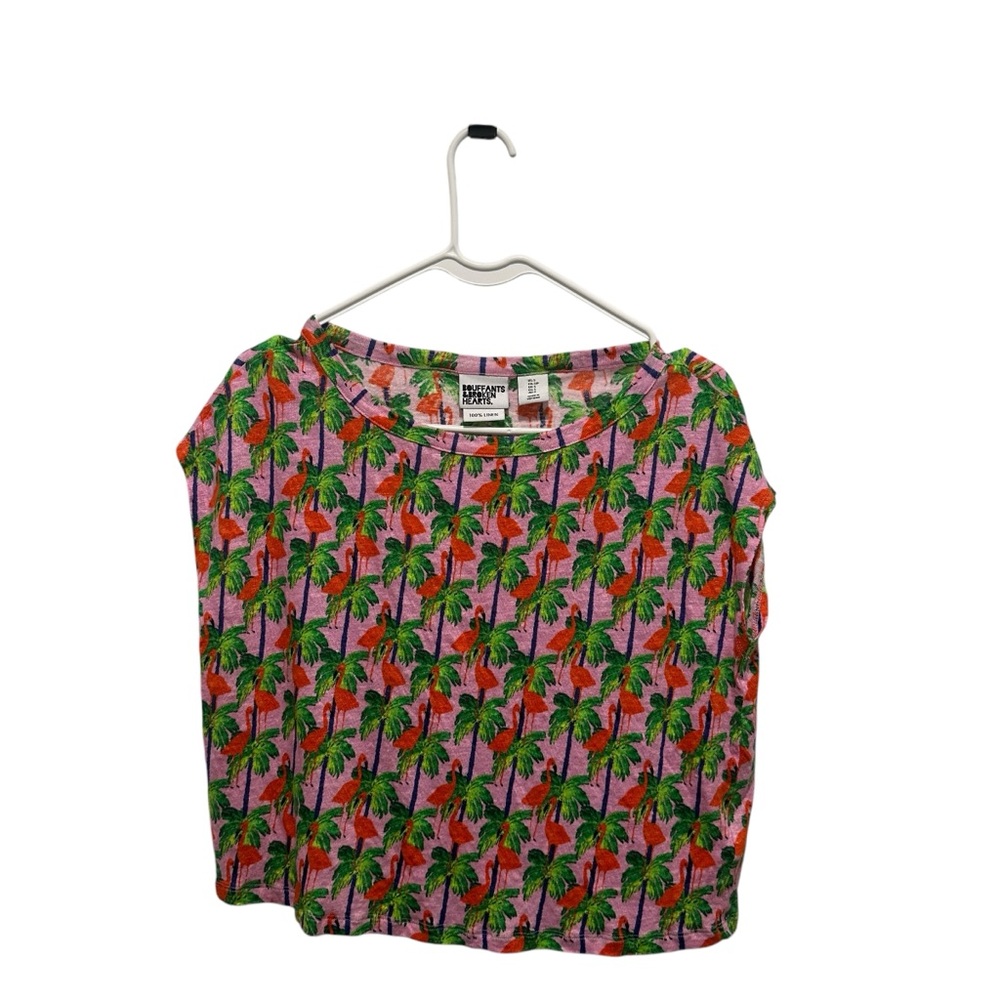 Bouffants & Broken Hearts Flamingo Palm Tree Top‎ Size S Linen